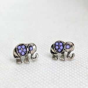 Cutest Little Silver Tone Elephant Stud Earrings Purple Accents Fun Fashion